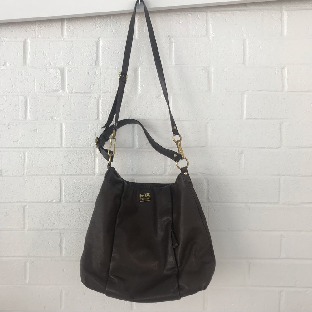COACH 2WAY Shoulder Crossbody Tote Bag Dark Brown Leather Gold Hardware